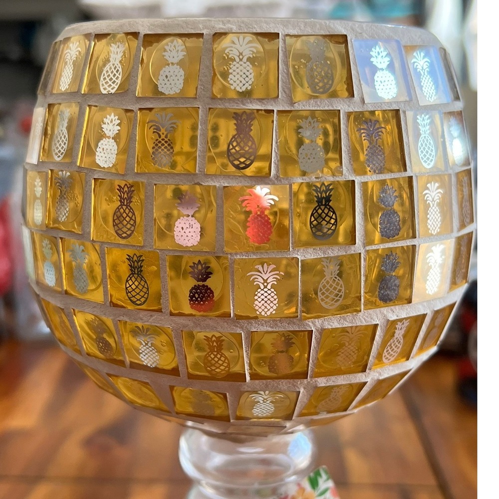 Cabana Living in Paradise Pineapple Mosaic Hurricane Vase Large Gold NWOT - Picture 5 of 6